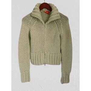 SASKIA Chunky Knit Cardigan Sweater Full Zip Pale Lime Green Cotton Blend